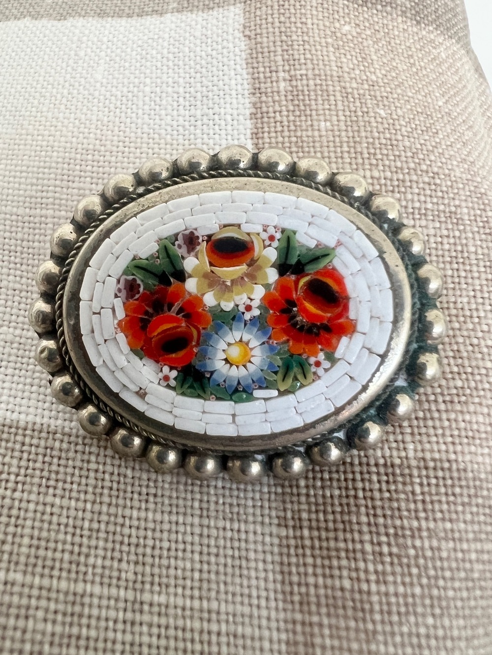 Vintage Italian Micro Mosaic Floral Brooch Alpaca Silver White Red Blue Bouquet